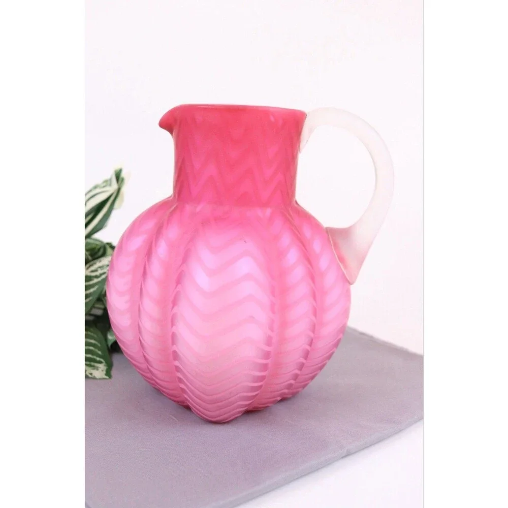 Mt Washington Pink Mother of Pearl Satin Glass Herringbone Pitcher 7.5 READ